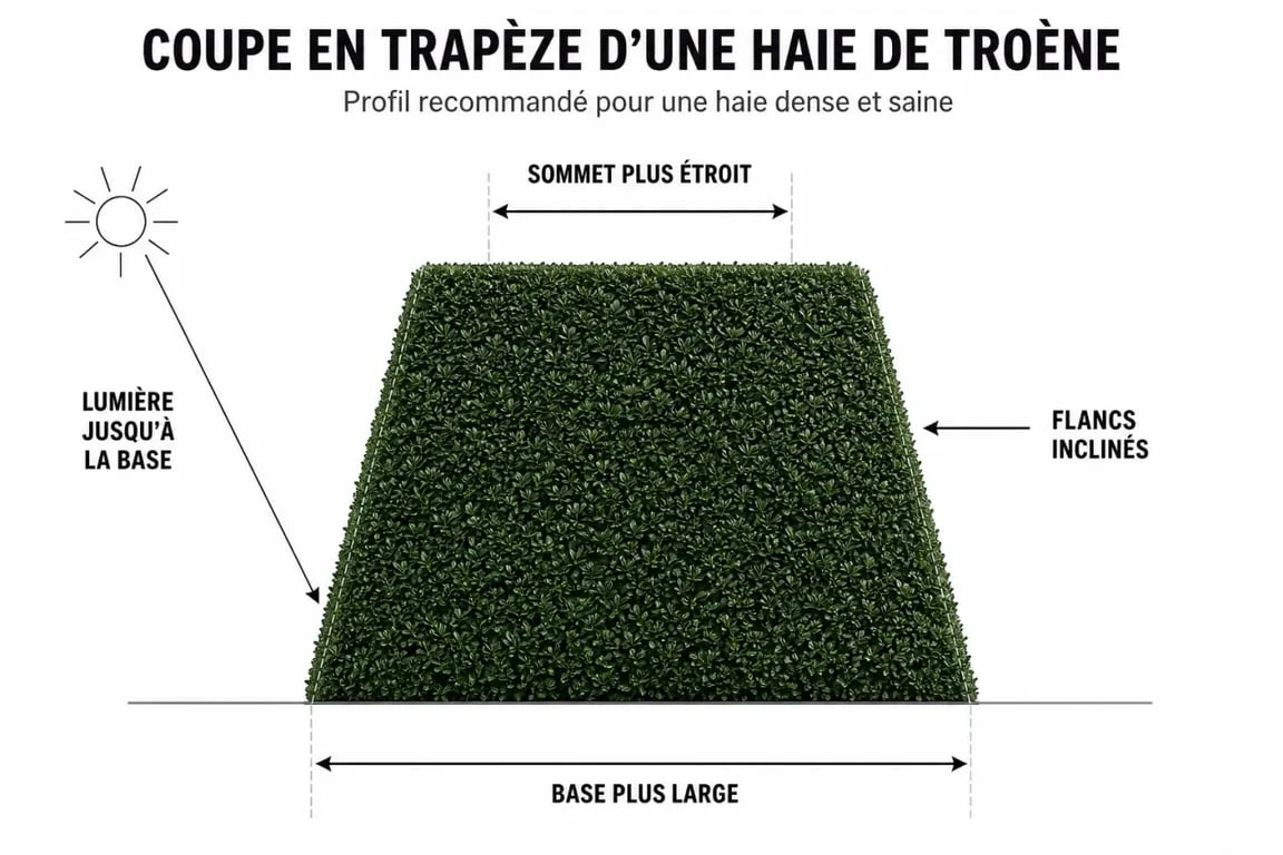 Schéma de taille en trapèze pour densifier une haie de troène dégarnie en bas