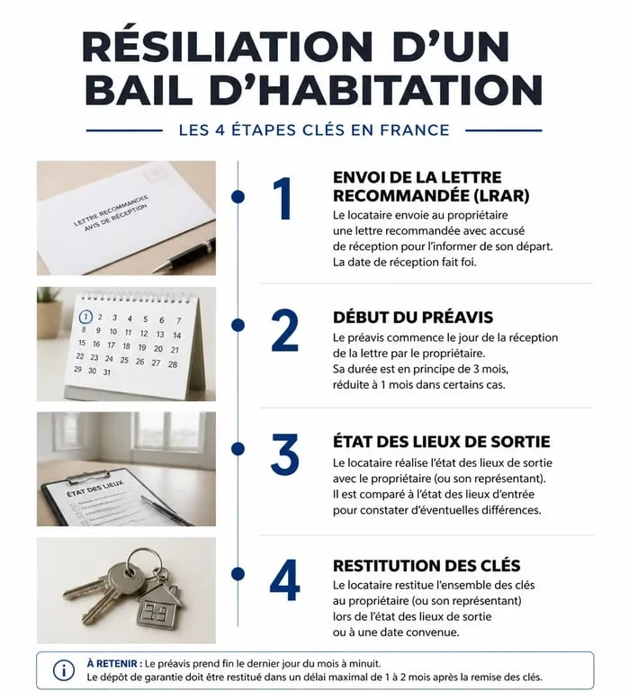 Étapes de la procédure de résiliation d'un bail d'habitation et délai de rétractation