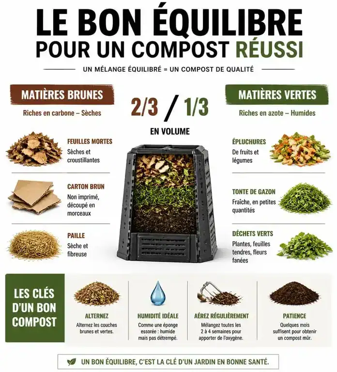 Infographie sur l'équilibre carbone-azote pour réussir son composteur de jardin