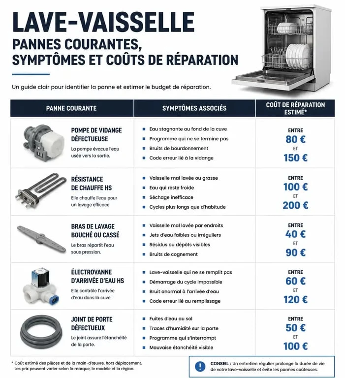 Infographie des pannes de lave-vaisselle et coûts de réparation