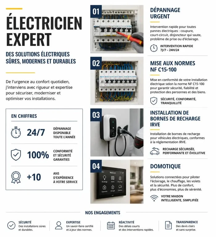 Services et certifications d'un électricien à Clamart : dépannage, normes NF C15-100 et bornes IRVE