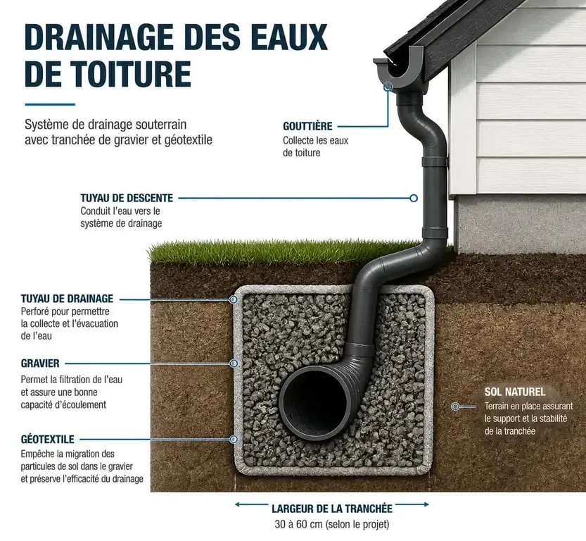 Schéma technique de drainage des eaux de pluie avec gouttière et tranchée drainante
