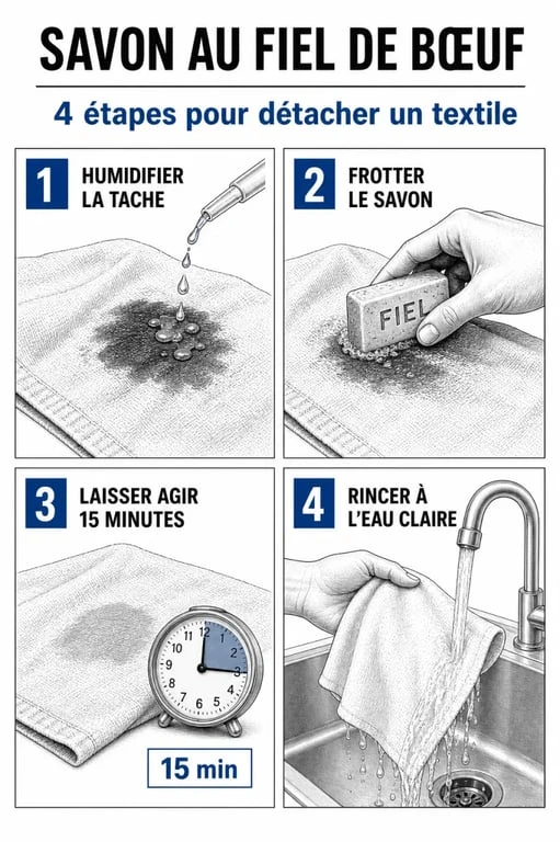 Infographie illustrant les étapes d'utilisation du savon au fiel de bœuf pour détacher efficacement les textiles.