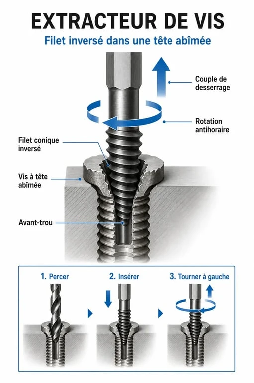 Schéma technique montrant l'utilisation d'un extracteur pour réparer un pas de vis foiré