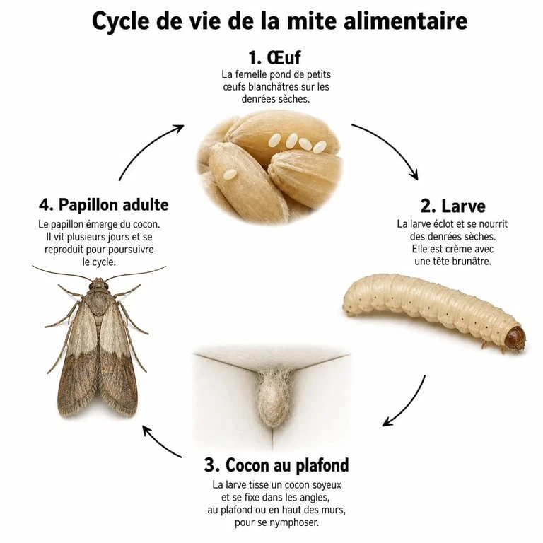 Cycle de vie de la mite alimentaire : identification des larves de mites au plafond