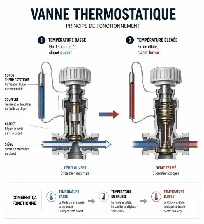 Schéma du fonctionnement interne d'une vanne thermostatique de radiateur