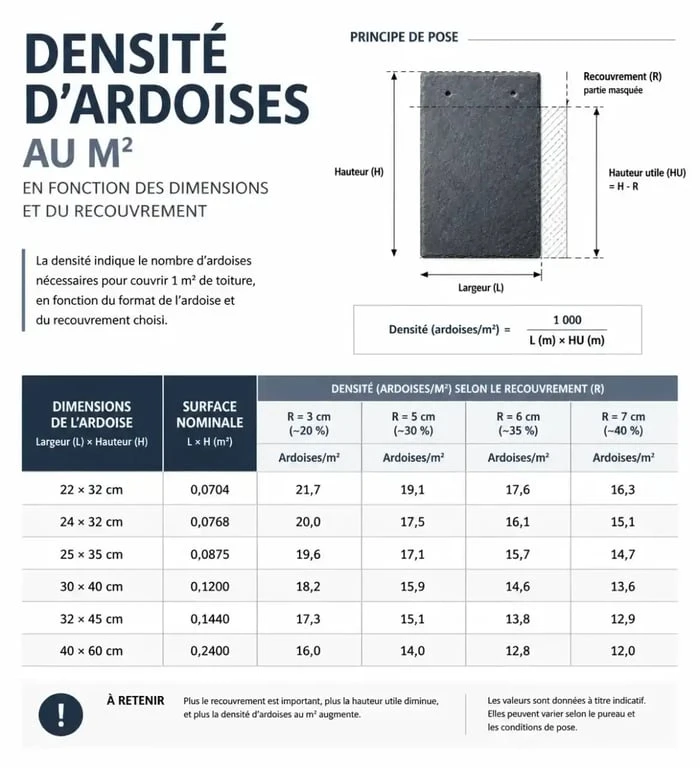 Tableau récapitulatif du nombre d'ardoises au m2 selon le format et le recouvrement