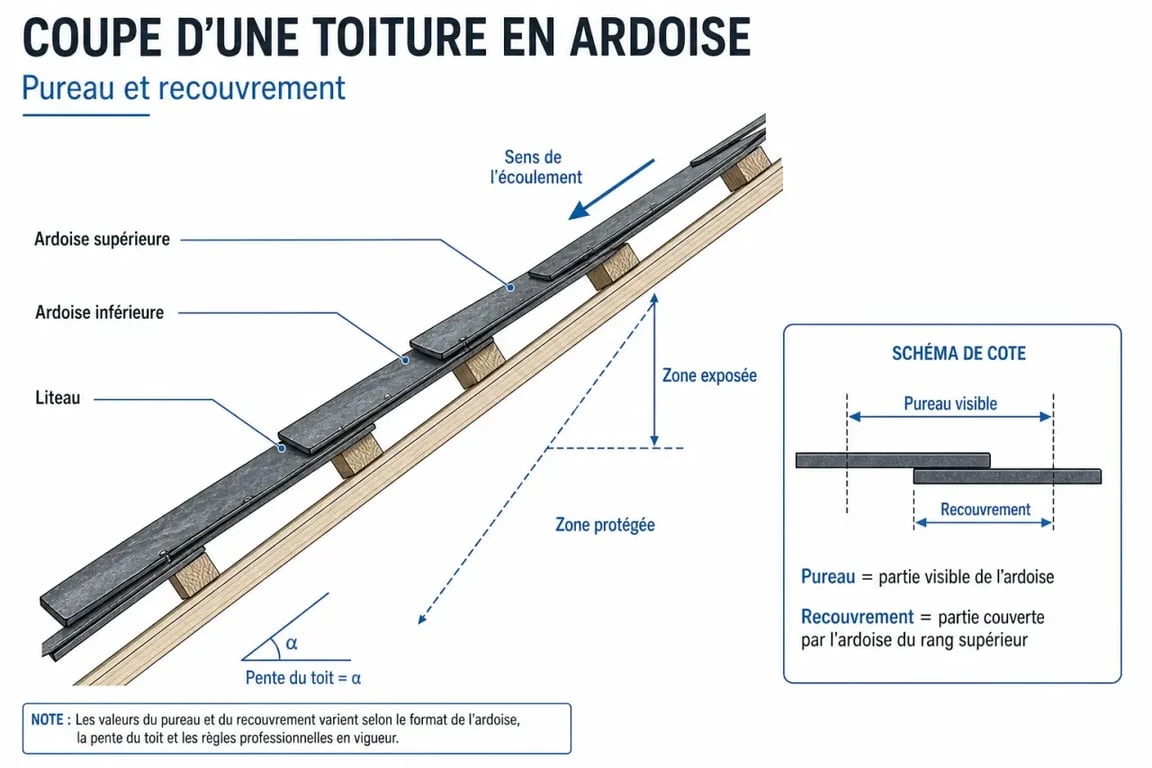 Schéma explicatif du recouvrement et du pureau pour la pose d'ardoise