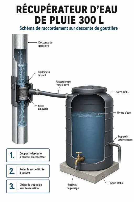 Schéma d'installation d'un récupérateur d'eau de pluie 300L avec collecteur et robinet