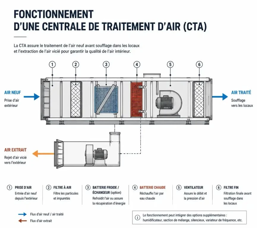 Schéma de fonctionnement d'une CTA chauffage montrant les composants et le traitement de l'air