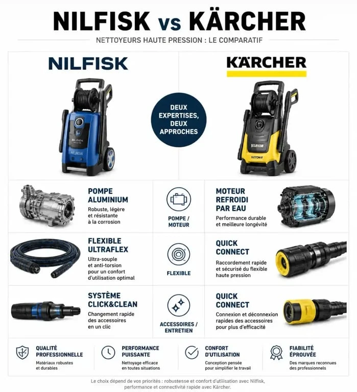 Comparatif technique des nettoyeurs haute pression Nilfisk vs Kärcher pour choisir son modèle