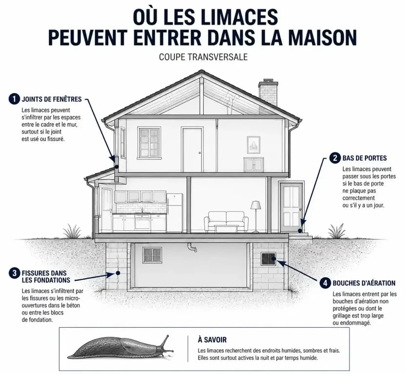 Schéma des points d'entrée des petites limaces noires dans une maison pour prévenir leur intrusion