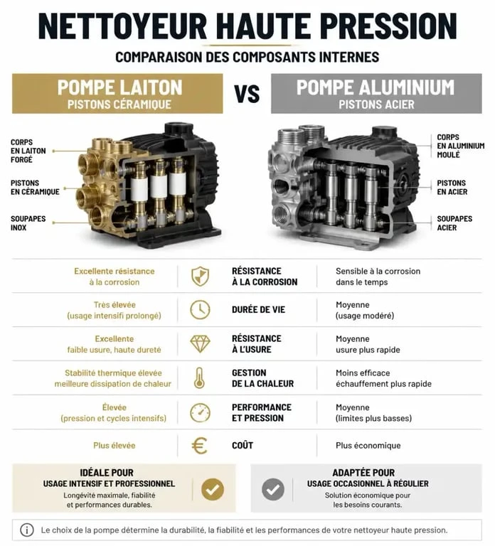 Comparaison des composants techniques pour le meilleur nettoyeur haute pression 200 bars : pompe en laiton vs aluminium