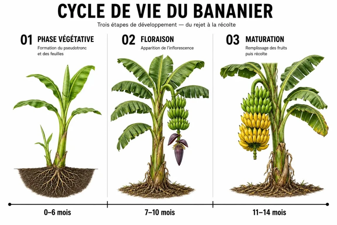 Schéma du cycle de vie et temps de croissance d'un bananier