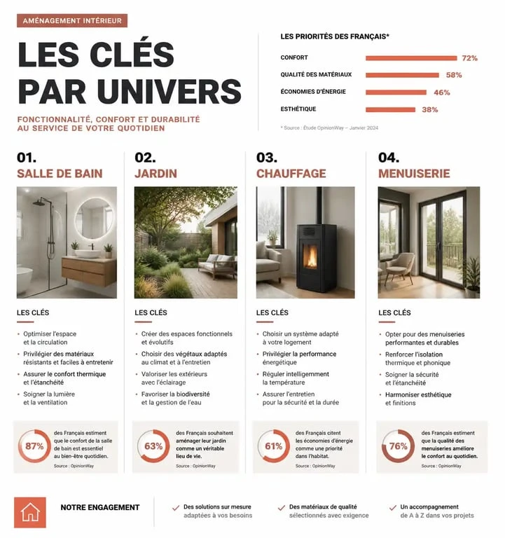 Infographie des conseils pour mon aménagement maison par univers de vie