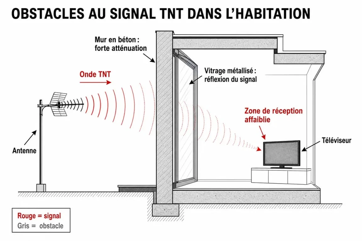 Schéma explicatif des obstacles à la réception d'une antenne TNT en intérieur