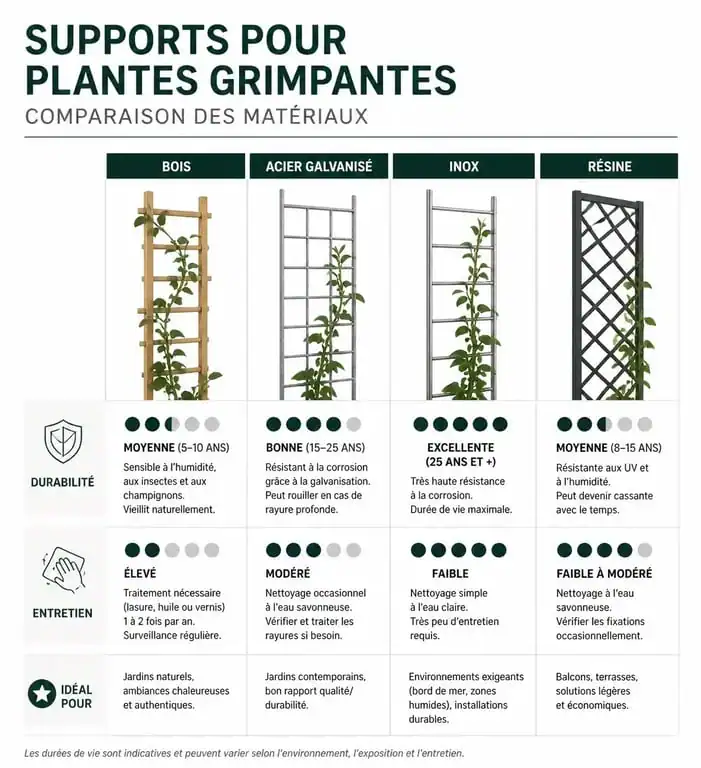Tableau comparatif des matériaux pour support plante grimpante : bois, acier, inox et résine