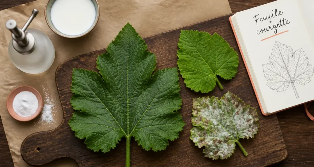 Feuille de courgettes avec oïdium et taches brunes