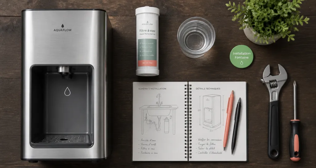 installation fontaine à eau sur plan de travail avec outils