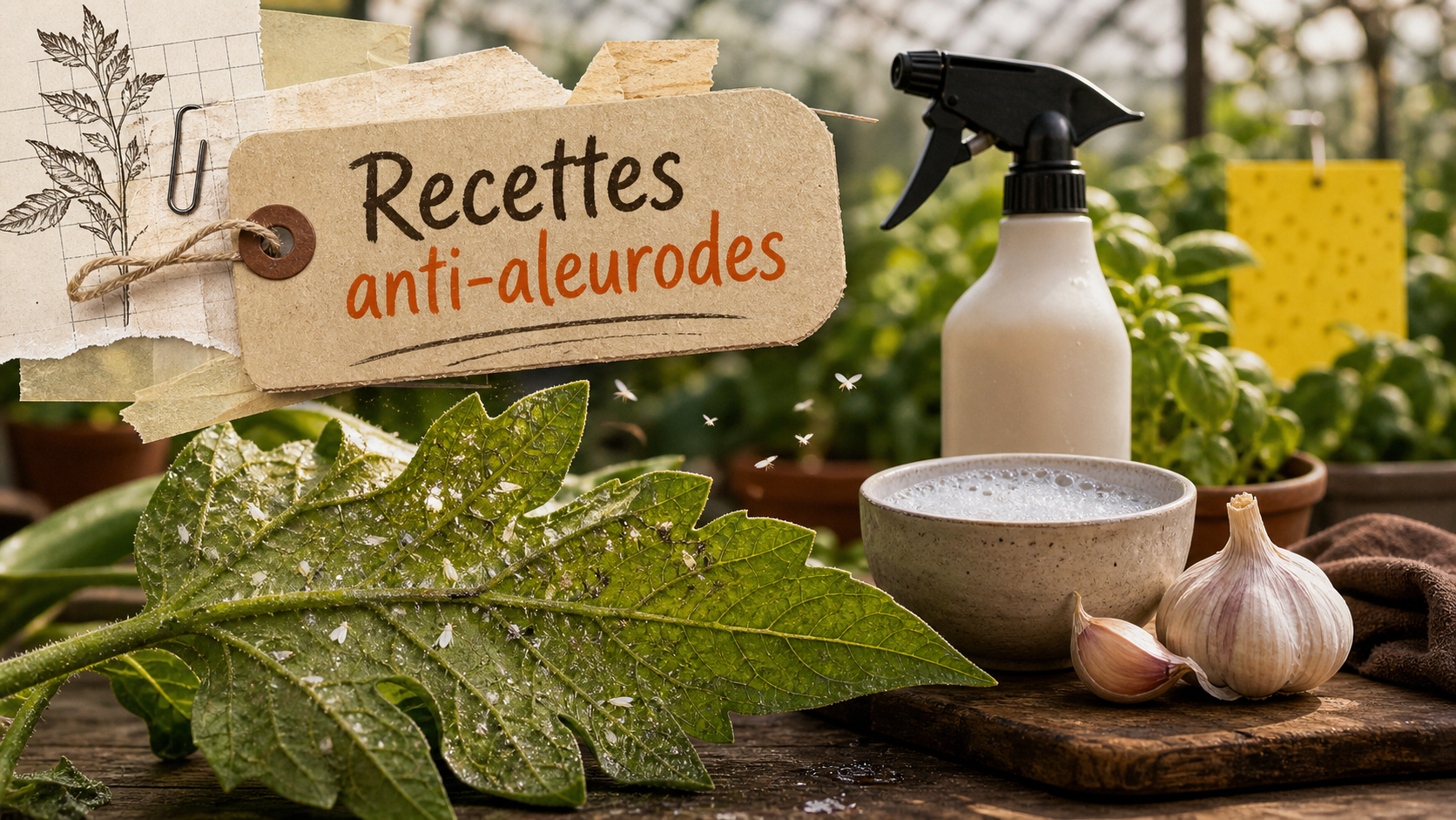 Mouche blanche recette de grand-mère : feuille avec miellat, aleurodes, spray savon et ail