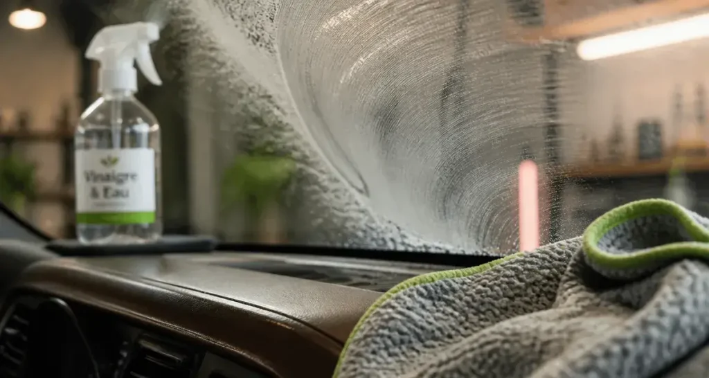 Nettoyage pare brise intérieur : microfibre sur vitre et traces résiduelles au vinaigre