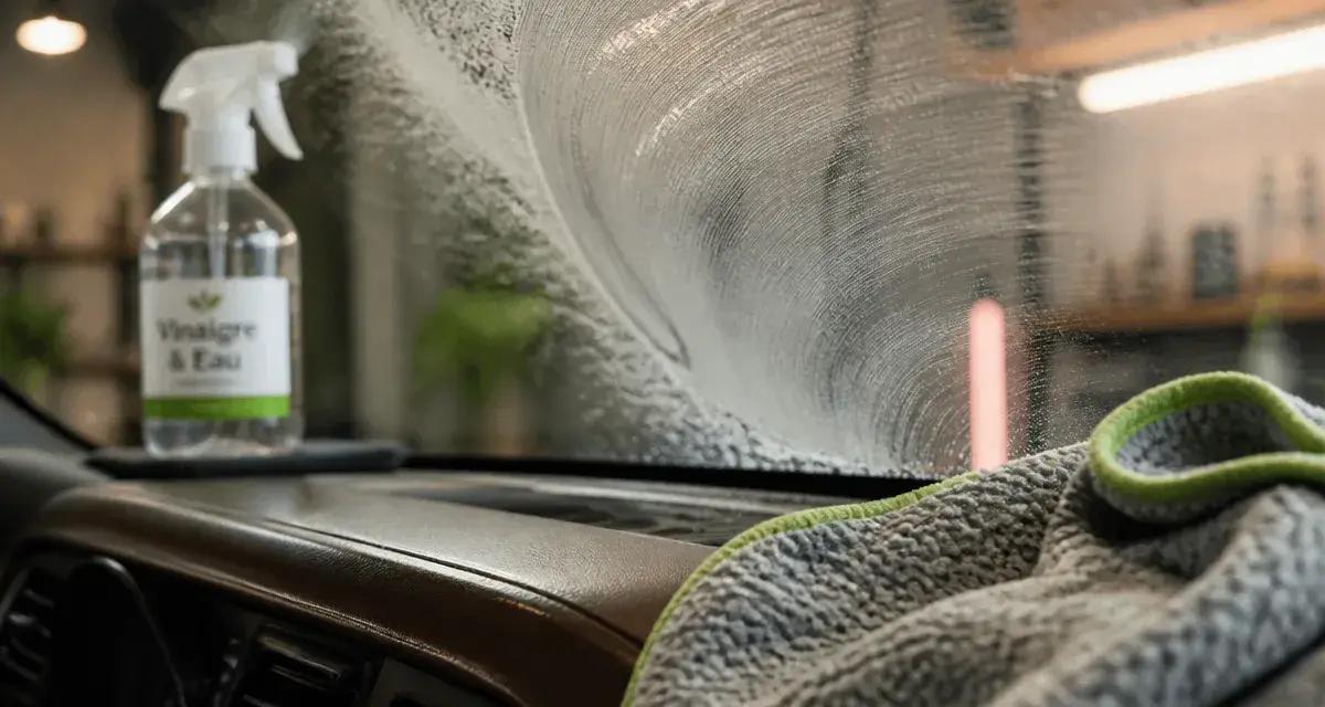 Nettoyage pare brise intérieur : microfibre sur vitre et traces résiduelles au vinaigre