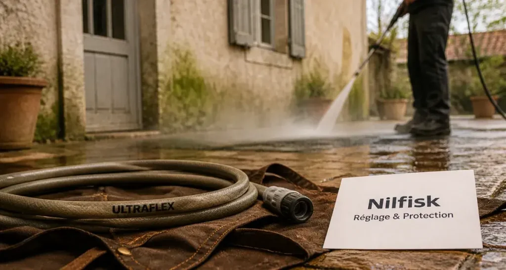 Nettoyeur haute pression nilfisk avis : jet sur terrasse en pavés mouillés