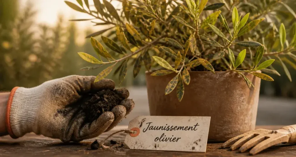Olivier feuille jaune en pot : feuilles jaunies et jeunes pousses vertes