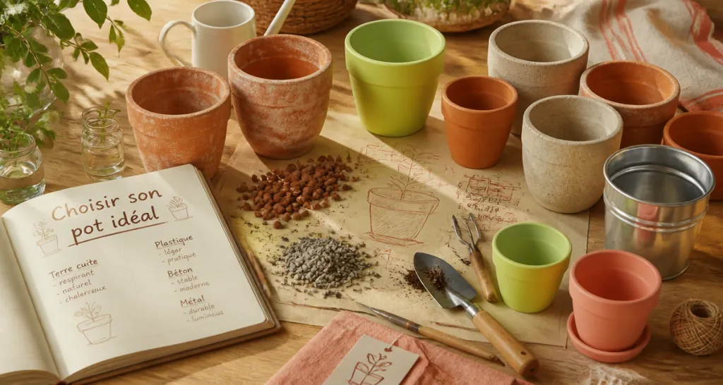 Différents pots de fleurs sur table pour choisir le meilleur matériau