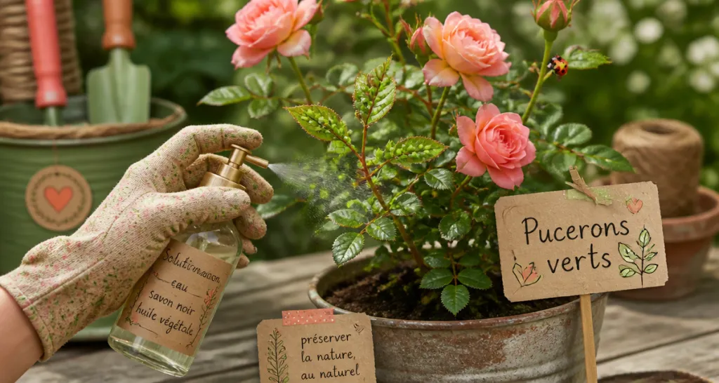 Pucerons verts rosiers sur feuilles et traitement naturel