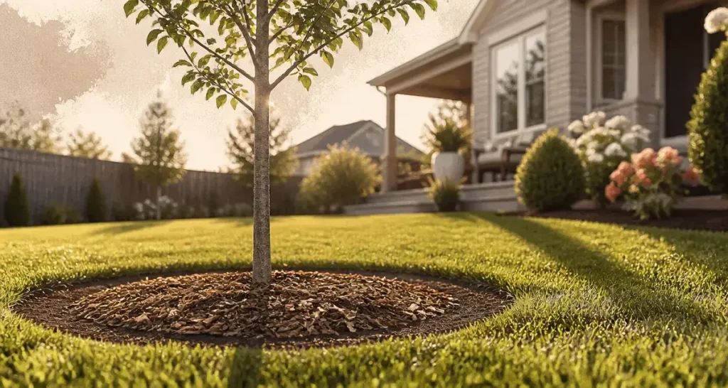 Quel arbre planter au milieu d'une pelouse : jeune arbre central entouré d'une zone de terre nue
