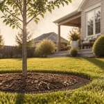 Quel arbre planter au milieu d'une pelouse : jeune arbre central entouré d'une zone de terre nue