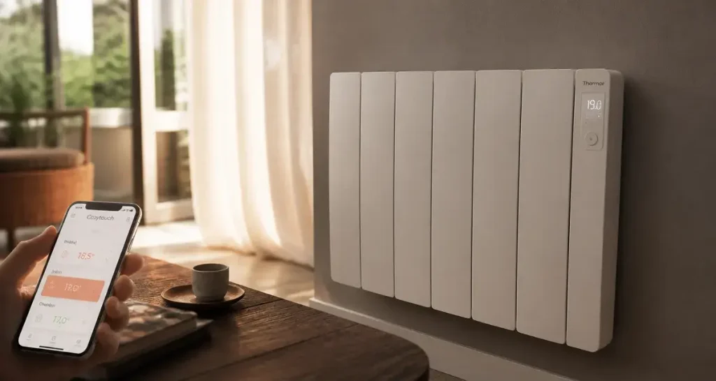 Radiateur connecté Thermor dans un salon, pilotage via smartphone Cozytouch