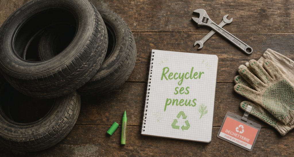 Recycler les pneus usagés sur un plan de travail avec outils