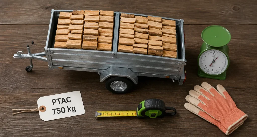Remorque pour bois de chauffage : PTAC, châssis galvanisé et bûches
