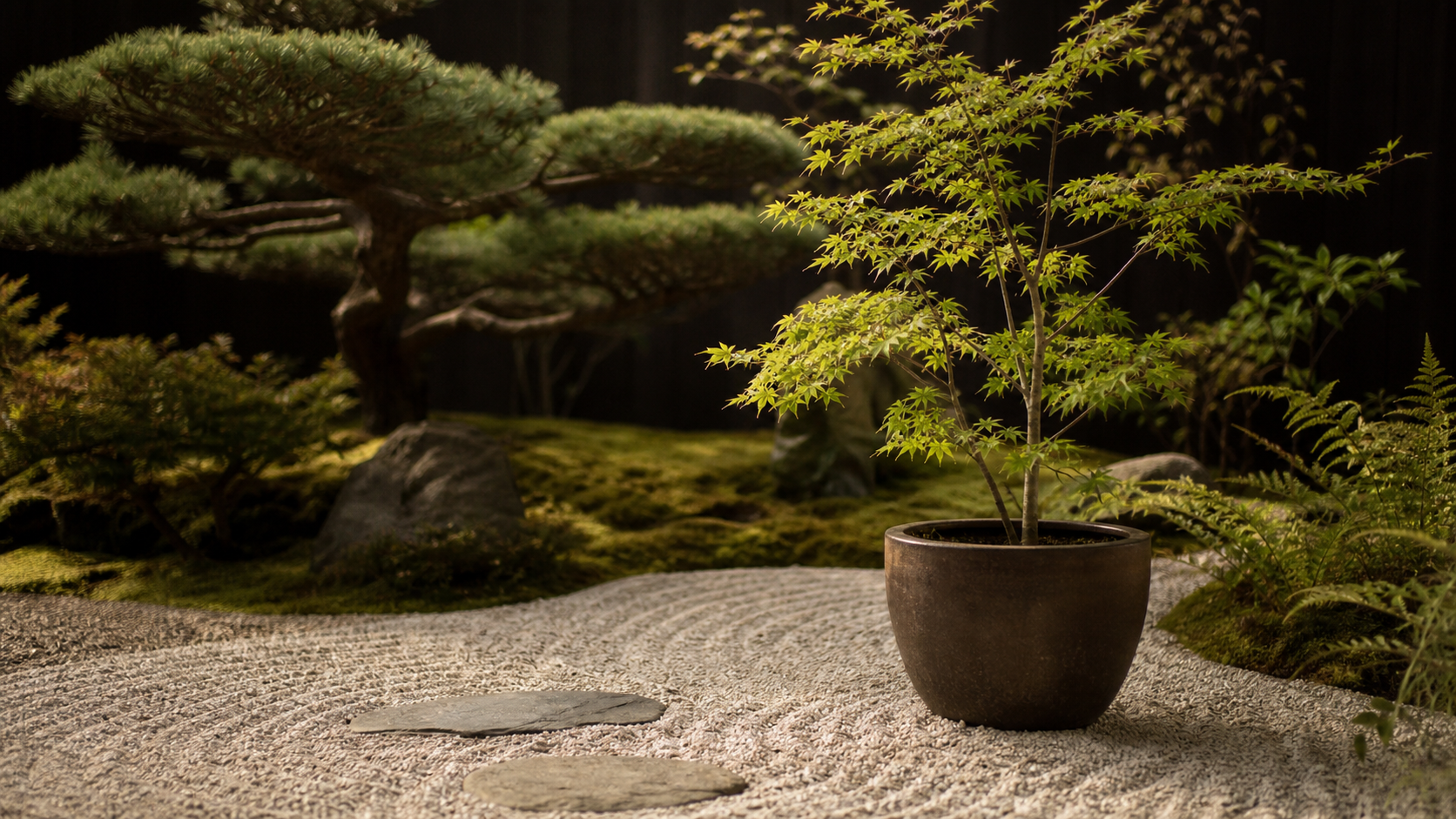 Arbres japonais : érable en pot et pin niwaki dans un jardin japonais