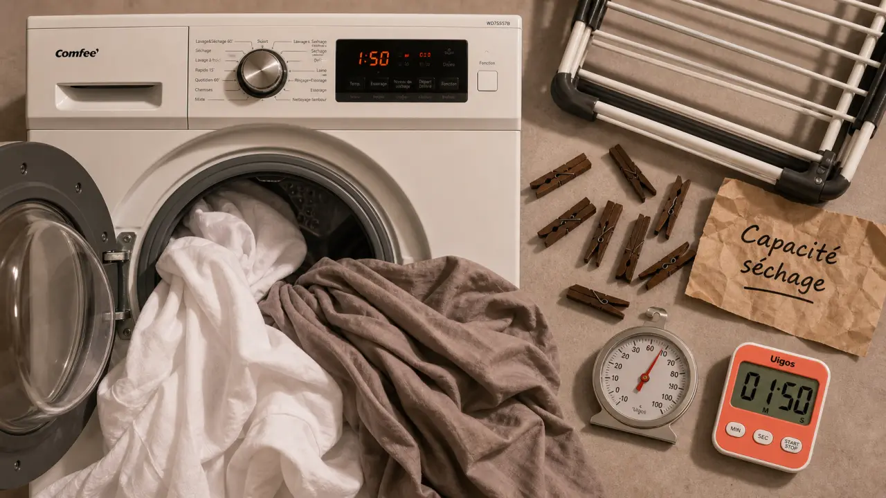 Avis lave linge séchant compact : linge à sécher et tambour ouvert