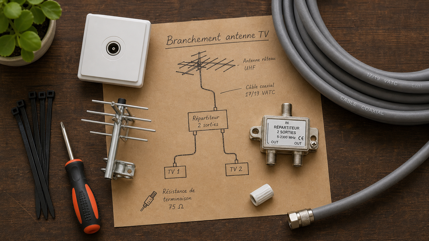Branchement antenne tv rateau : câble coaxial et connecteur F