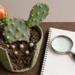 Cactaceae : aréoles laineuses et bouton floral d’un Opuntia en gros plan