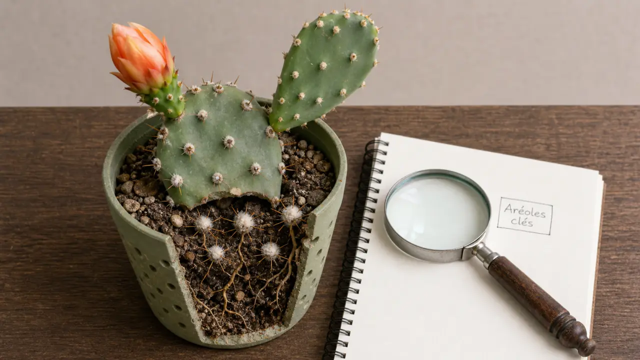 Cactaceae : aréoles laineuses et bouton floral d’un Opuntia en gros plan