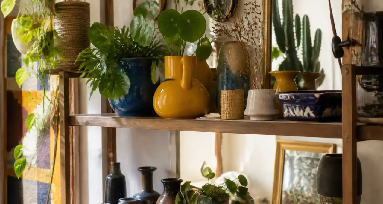 Étagère déco chinée avec objets et plantes vertes