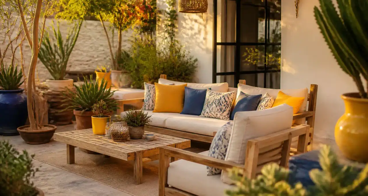 Patio méditerranéen avec mobilier en bois clair et plantes en pots
