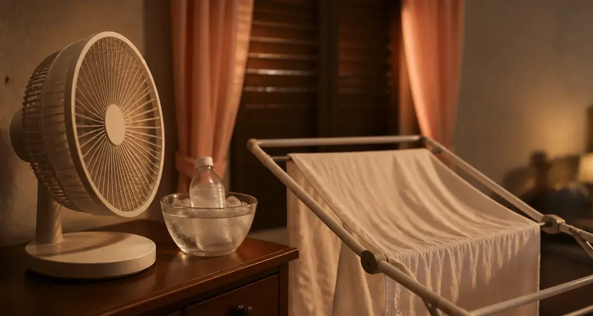 Comment rafraîchir une pièce avec un ventilateur : linge humide devant un ventilateur