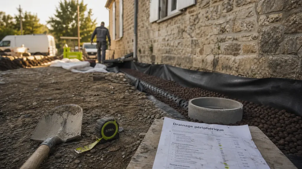 Drainage maison ancienne prix : tranchée de fondation, géotextile et tuyau