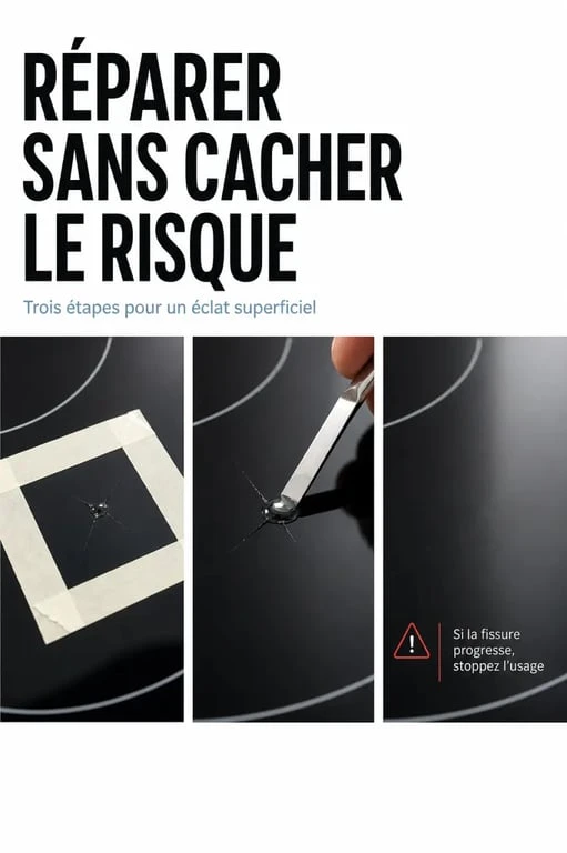 Résine réparation verre plaque induction : illustration d’un petit éclat comblé sur une plaque de cuisson