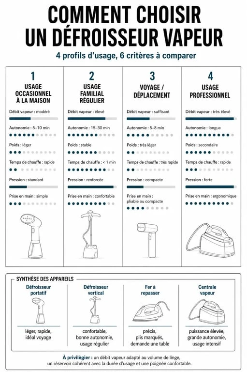 Quel defroisseur choisir : infographie comparative des critères et profils d’usage