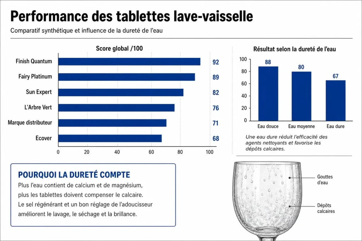Infographie comparative des meilleures tablettes lave-vaisselle : scores de performance et critères de choix