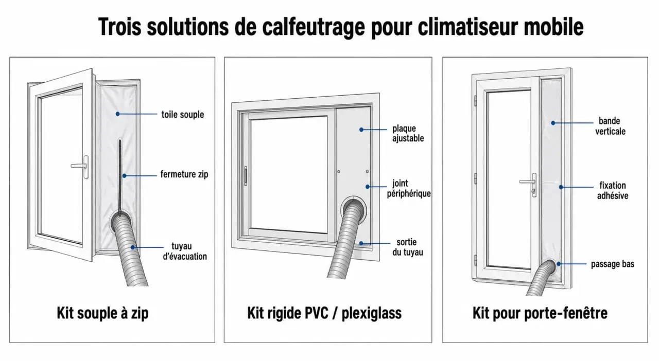 Meilleur kit calfeutrage pour climatiseur mobile : comparaison visuelle des kits souple, rigide et porte-fenêtre