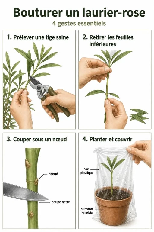 Étapes illustrées pour réussir le bouturage du laurier-rose au jardin