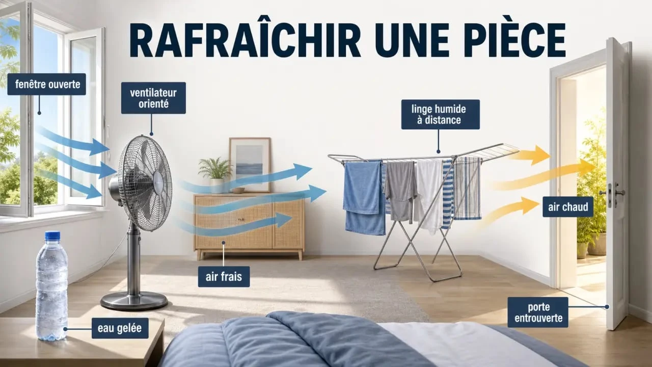 Comment rafraîchir une pièce avec un ventilateur : schéma de courant d’air, linge humide et bouteille gelée